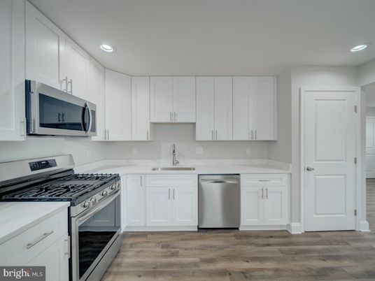 Interior, Kitchen, Recessed Lighting, Stainless Steel Appliances, Wood Texture Flooring