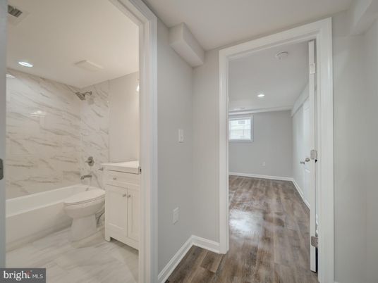 Bathroom, Interior, Marble, Marble Walls, Recessed Lighting, Wood Texture Flooring