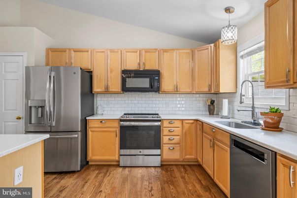 Interior, Kitchen, Pendant Lights, Stainless Steel Appliances, Wood Texture Flooring