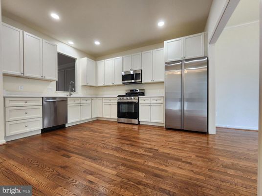 Interior, Kitchen, Recessed Lighting, Stainless Steel Appliances, Wood Texture Flooring
