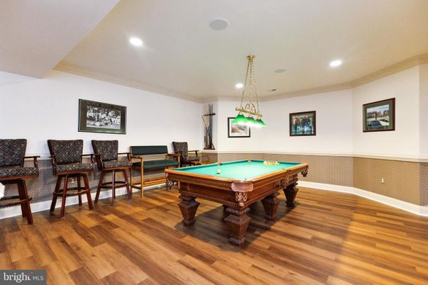 Billiard Table, Game Room, Interior, Pendant Lights, Recessed Lighting, Wood Texture Flooring