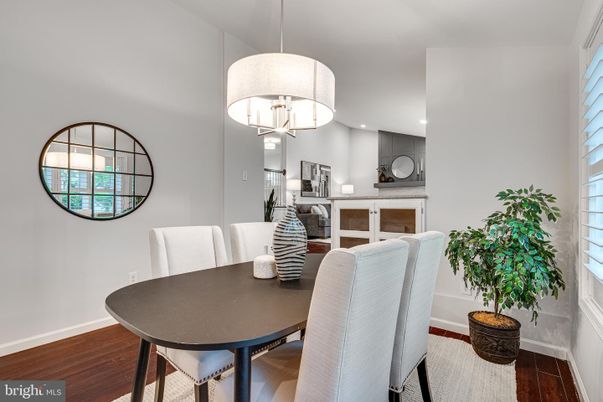 Dining room, Interior, Pendant Lights, Recessed Lighting, Wood Texture Flooring