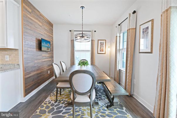 Dining room, Interior, Pendant Lights, Wood Texture Flooring, Wooden Walls