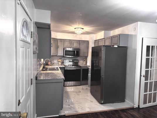 Interior, Kitchen, Marble, Stainless Steel Appliances, Wood Texture Flooring