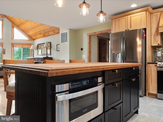 Interior, Kitchen, Pendant Lights, Recessed Lighting, Stainless Steel Appliances, Wooden Ceilings