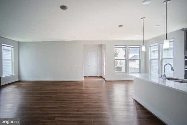 Empty room, Interior, Kitchen, Pendant Lights, Recessed Lighting, Wood Texture Flooring