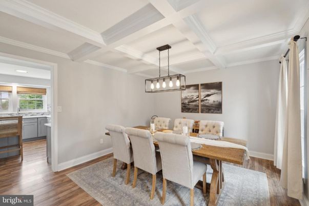 Dining room, Interior, Pendant Lights, Recessed Lighting, Wood Texture Flooring