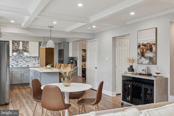 Dining room, Interior, Kitchen, Pendant Lights, Recessed Lighting, Stainless Steel Appliances, Wood Texture Flooring