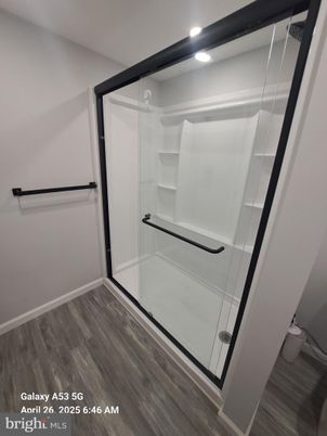 Bathroom, Glass Shower, Interior, Recessed Lighting, Wood Texture Flooring