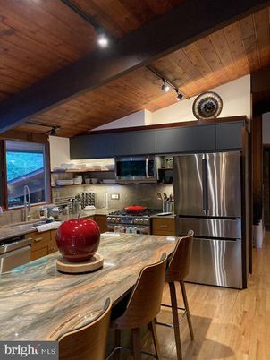 Interior, Kitchen, Recessed Lighting, Stainless Steel Appliances, Wooden Ceilings, Wood Texture Flooring