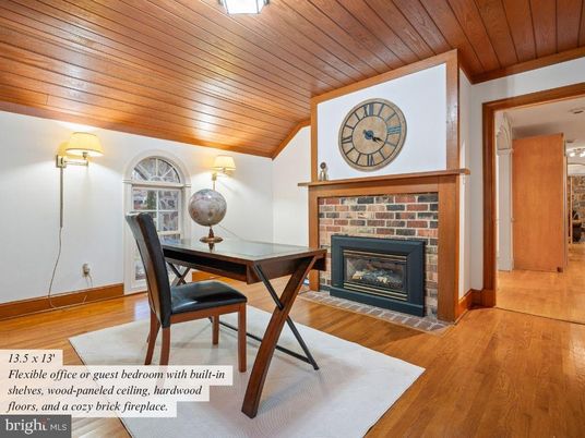Fireplace, Home Office, Interior, Wooden Ceilings, Wood Texture Flooring