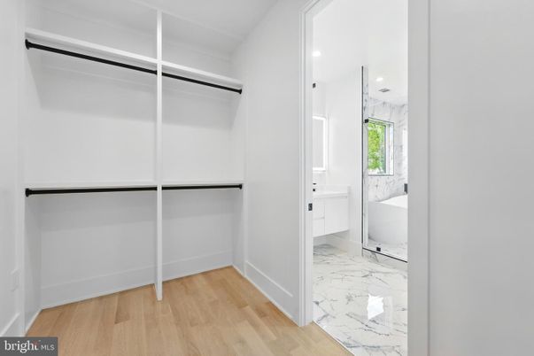 Bathroom, Free Standing Baths, Interior, Marble, Recessed Lighting, Wood Texture Flooring