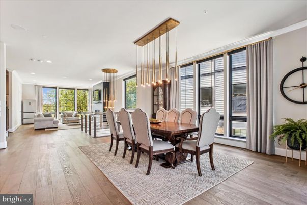 Dining room, Interior, Living room, Pendant Lights, Recessed Lighting, Wood Texture Flooring