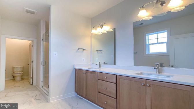 Bathroom, Dual Sink Vanities, Glass Shower, Interior, Marble