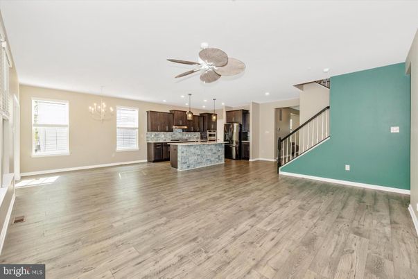Chandelier, Empty room, Interior, Kitchen, Pendant Lights, Recessed Lighting, Wood Texture Flooring