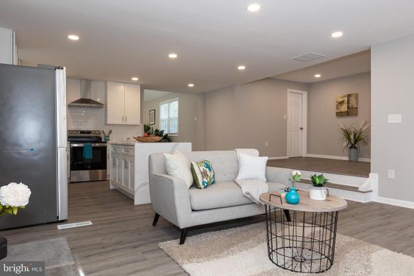 Interior, Kitchen, Living room, Recessed Lighting, Stainless Steel Appliances, Wood Texture Flooring