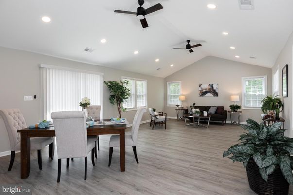 Dining room, Interior, Living room, Recessed Lighting, Wood Texture Flooring