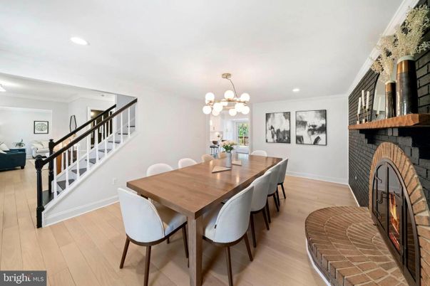 Dining room, Fireplace, Interior, Pendant Lights, Recessed Lighting, Wood Texture Flooring