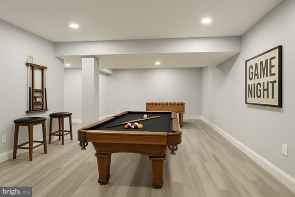 Billiard Table, Game Room, Interior, Recessed Lighting, Wood Texture Flooring