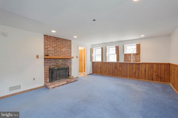 Empty room, Fireplace, Interior, Recessed Lighting, Stone Walls