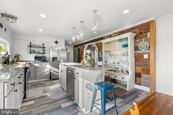Interior, Kitchen, Pendant Lights, Recessed Lighting, Stainless Steel Appliances, Stone Walls, Wood Texture Flooring
