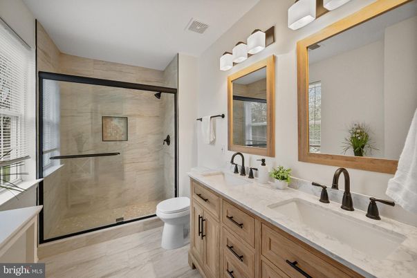 Bathroom, Dual Sink Vanities, Glass Shower, Interior, Marble, Marble Walls