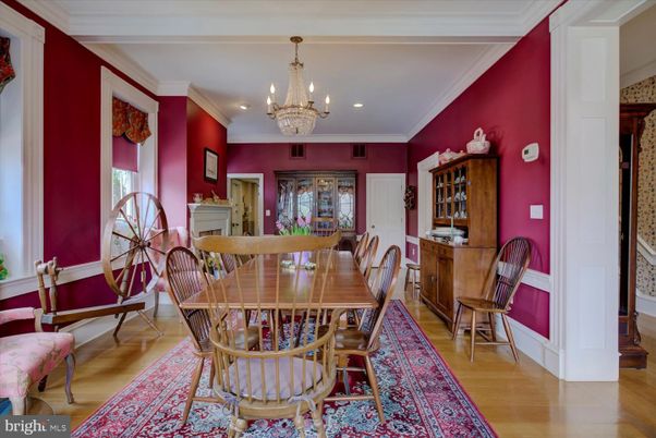 Chandelier, Dining room, Fireplace, Interior, Recessed Lighting, Wood Texture Flooring