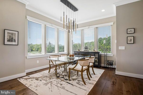 Dining room, Interior, Pendant Lights, Recessed Lighting, Wood Texture Flooring