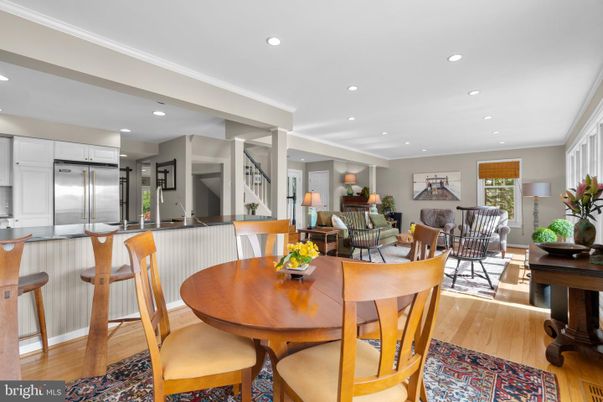 Dining room, Interior, Kitchen, Living room, Recessed Lighting, Stainless Steel Appliances, Wood Texture Flooring