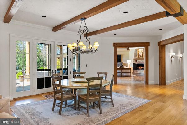 Chandelier, Dining room, Fireplace, Interior, Wooden Beams, Wood Texture Flooring