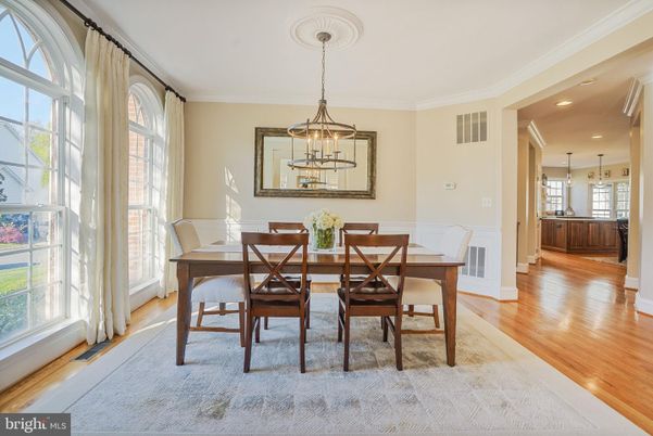 Dining room, Interior, Pendant Lights, Recessed Lighting, Wood Texture Flooring