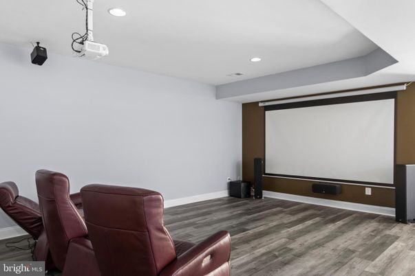 Interior, Projection Screen, Recessed Lighting, Theatre Room, Wood Texture Flooring
