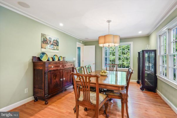 Dining room, Interior, Pendant Lights, Recessed Lighting, Wood Texture Flooring