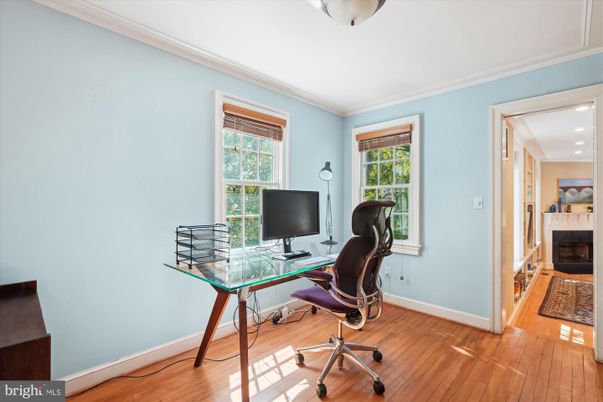 Fireplace, Home Office, Interior, Recessed Lighting, Wood Texture Flooring