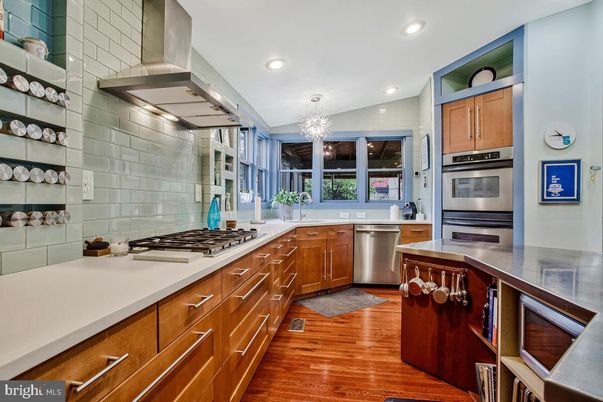 Chandelier, Interior, Kitchen, Recessed Lighting, Stainless Steel Appliances, Wood Texture Flooring