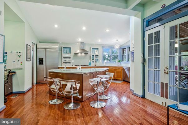 Chandelier, Interior, Kitchen, Recessed Lighting, Stainless Steel Appliances, Wood Texture Flooring