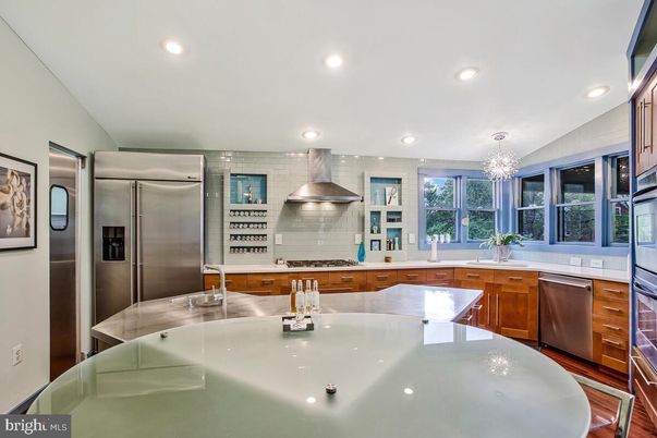Chandelier, Interior, Kitchen, Recessed Lighting, Stainless Steel Appliances, Wood Texture Flooring