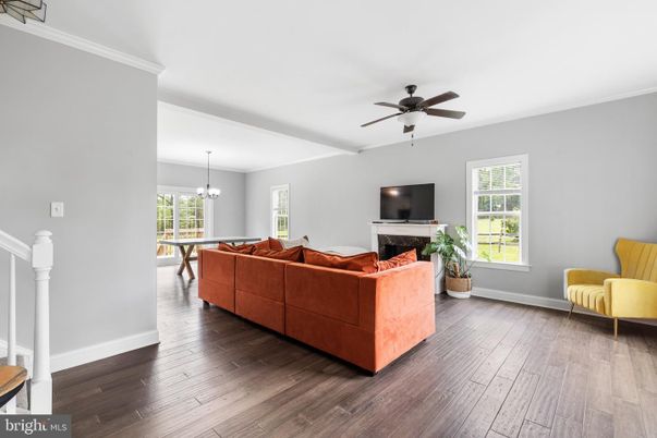 Dining room, Fireplace, Interior, Living room, Pendant Lights, Wood Texture Flooring