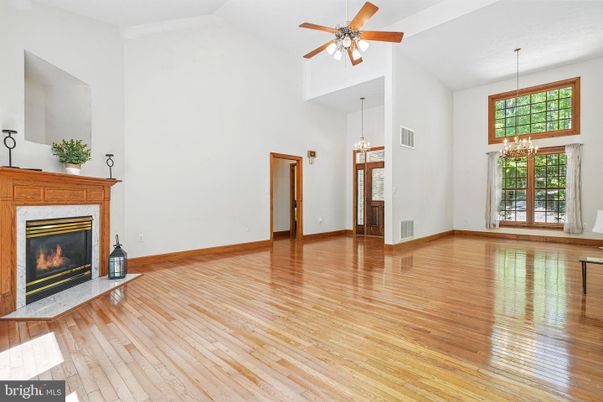 Chandelier, Empty room, Fireplace, Interior, Pendant Lights, Wood Texture Flooring
