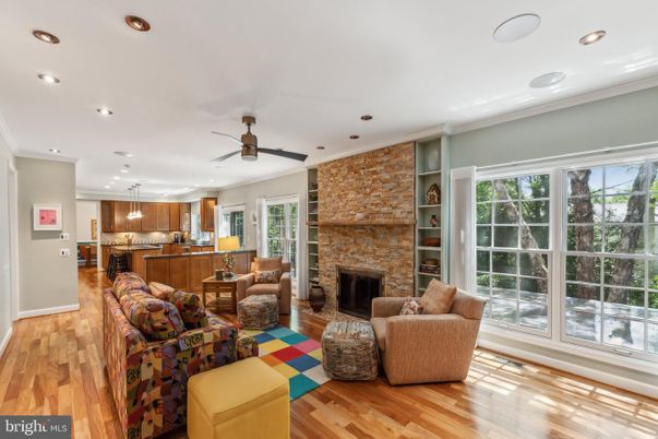 Fireplace, Interior, Kitchen, Living room, Pendant Lights, Recessed Lighting, Stone Walls, Wood Texture Flooring