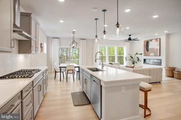 Dining room, Fireplace, Interior, Kitchen, Pendant Lights, Recessed Lighting, Stainless Steel Appliances, Wood Texture Flooring