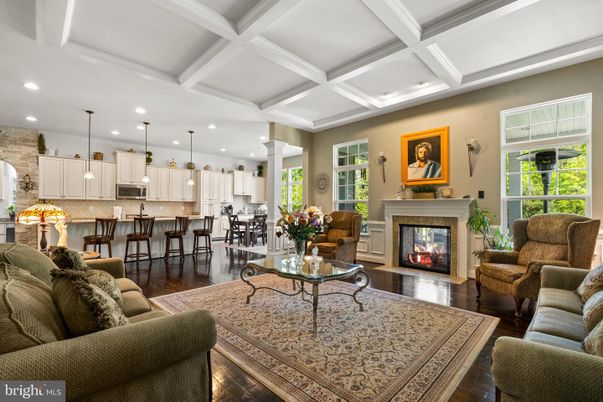 Fireplace, Interior, Kitchen, Living room, Pendant Lights, Recessed Lighting, Stone Walls, Wood Texture Flooring