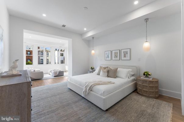 Bedroom, Interior, Pendant Lights, Recessed Lighting, Wood Texture Flooring
