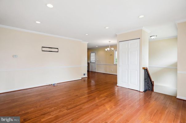 Chandelier, Empty room, Interior, Recessed Lighting, Wood Texture Flooring