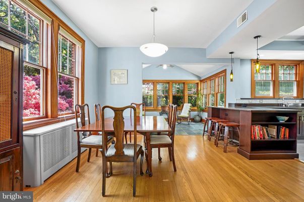 Dining room, Interior, Pendant Lights, Wood Texture Flooring