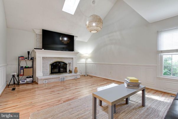 Fireplace, Home Office, Interior, Pendant Lights, Wood Texture Flooring