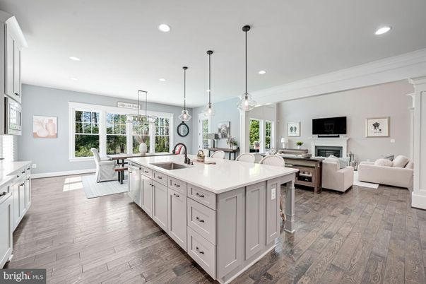 Dining room, Fireplace, Interior, Kitchen, Living room, Pendant Lights, Recessed Lighting, Wood Texture Flooring