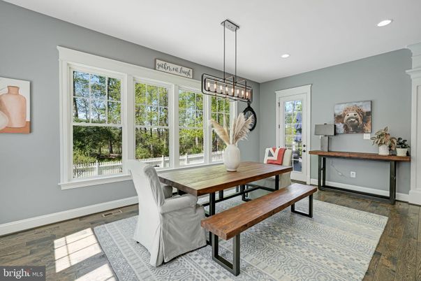 Dining room, Interior, Pendant Lights, Recessed Lighting, Wood Texture Flooring