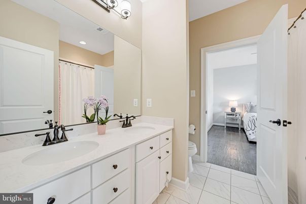 Bathroom, Bedroom, Dual Sink Vanities, Interior, Marble, Recessed Lighting, Wood Texture Flooring