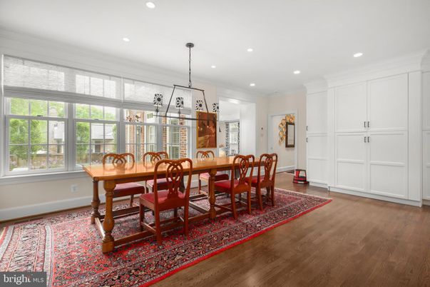 Dining room, Interior, Pendant Lights, Recessed Lighting, Wood Texture Flooring
